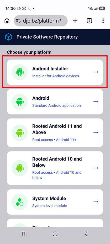 Download the Android Installer from the Private Software Repository