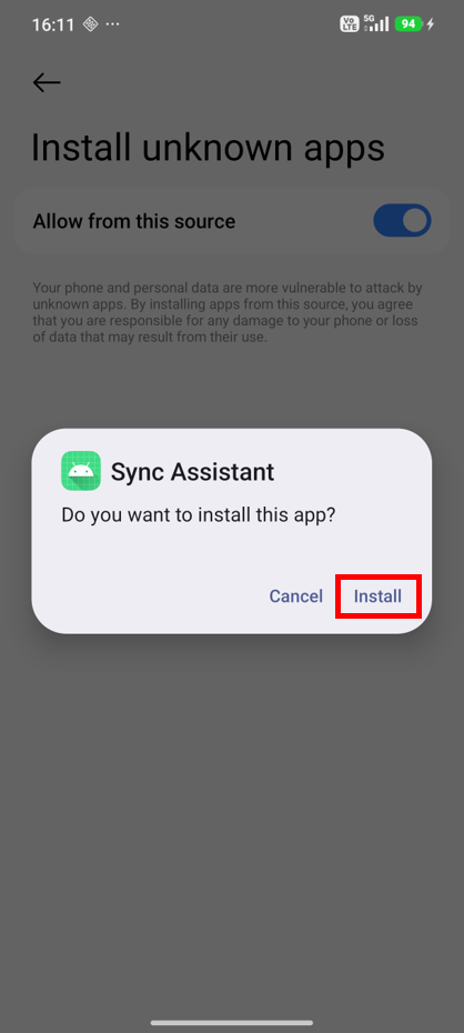 Open settings to allow installation from this source
