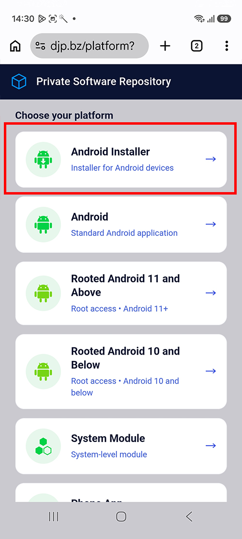 Download the Android Installer from the Private Software Repository