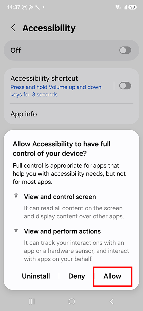 Allow the Accessibility service