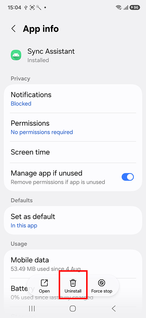 Uninstall Sync Assistant from Apps settings